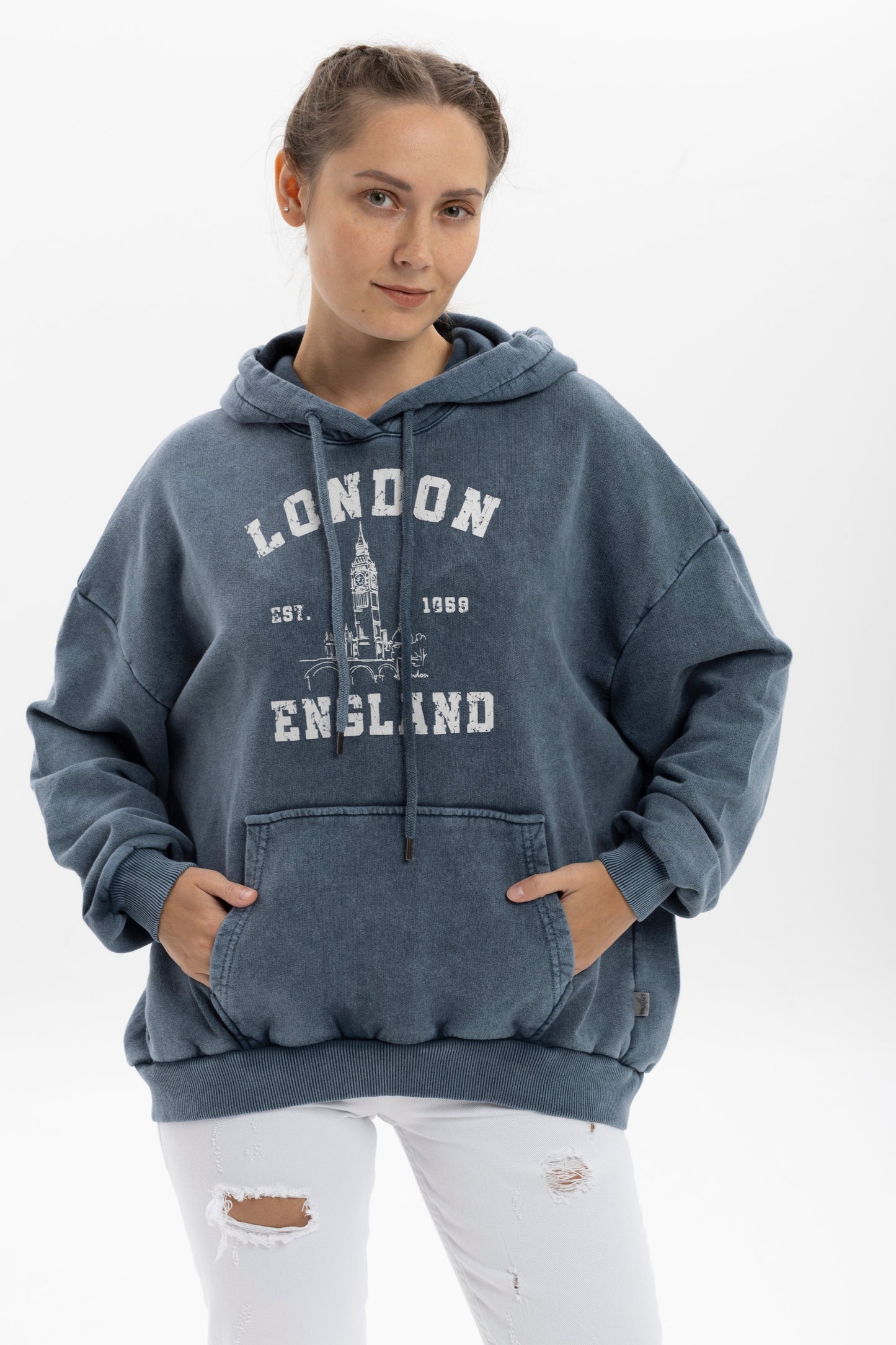 Stone Washed ICON LONDON & ENGLAND  Printed Relaxed Hoodie