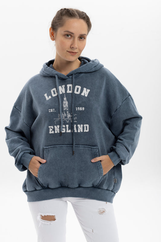 Stone Washed ICON LONDON & ENGLAND  Printed Relaxed Hoodie