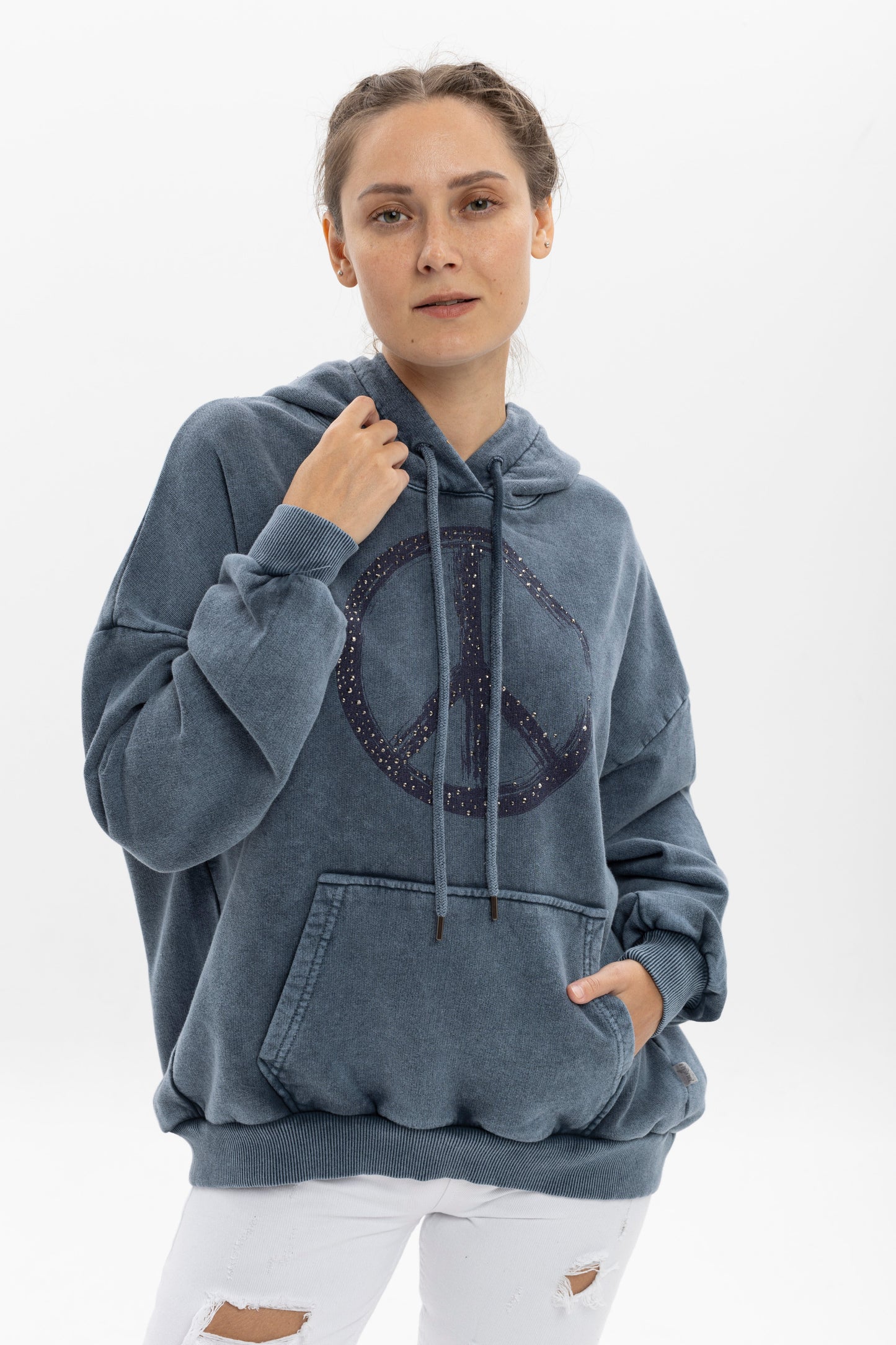 Stone Washed PEACE WITH STONE ENGRAVED Printed Relaxed Hoodie