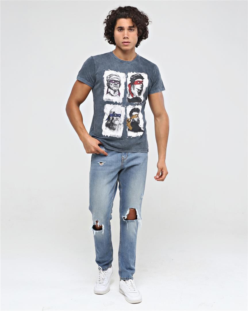 Four Masters Characters  Printed Acid Washed Cotton   T-shirt
