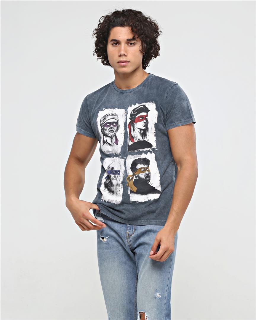 Four Masters Characters  Printed Acid Washed Cotton   T-shirt