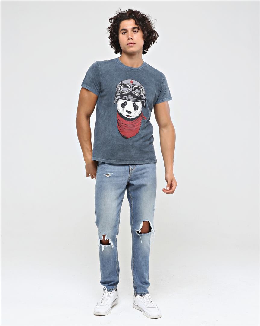 Stone Washed  Panda Pilot Animal Printed Cotton T-shirt