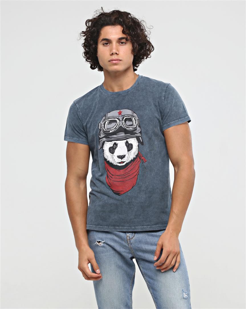 Stone Washed  Panda Pilot Animal Printed Cotton T-shirt