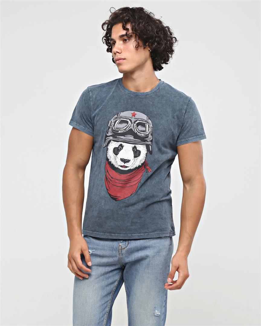Stone Washed  Panda Pilot Animal Printed Cotton T-shirt