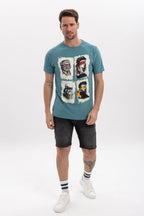 Four Masters Printed Cotton Men's  Blue T-shirt