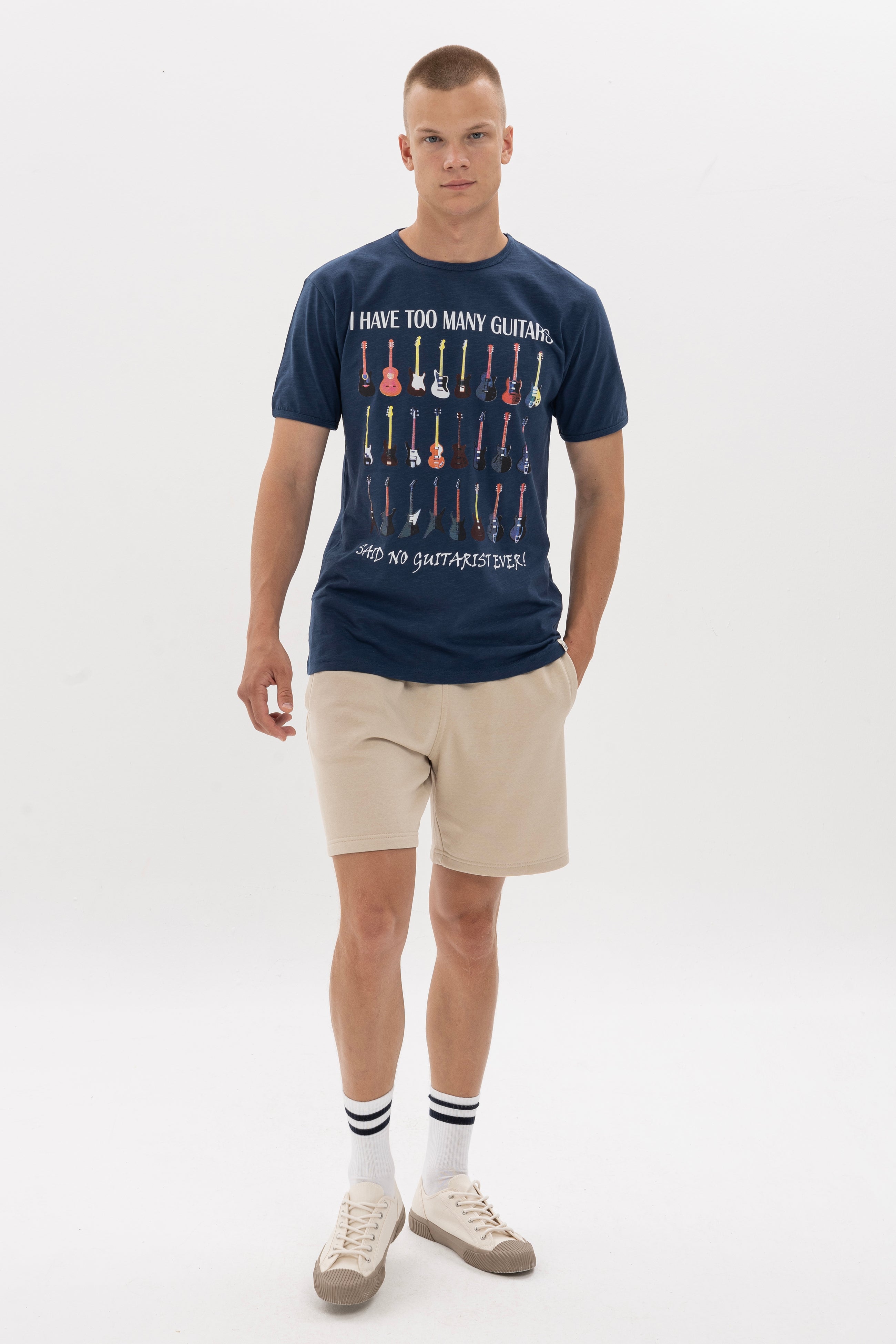 Too Many  Guitar House Printed Cotton Navy Blue Regular  T-Shirt