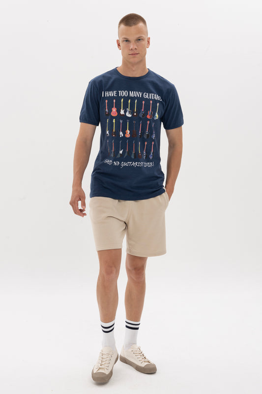 Too Many  Guitar House Printed Cotton Navy Blue Regular  T-Shirt