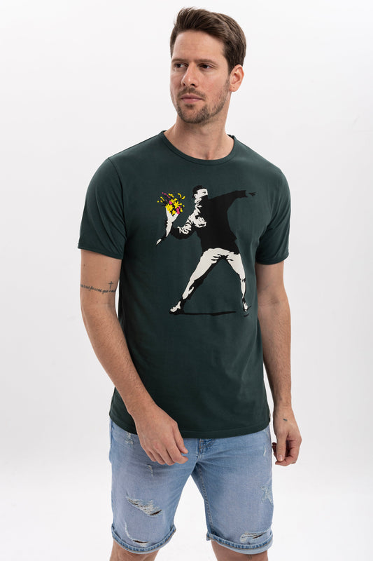 The Flower Thrower by Banksy Printed Cotton Men's  T-Shirt
