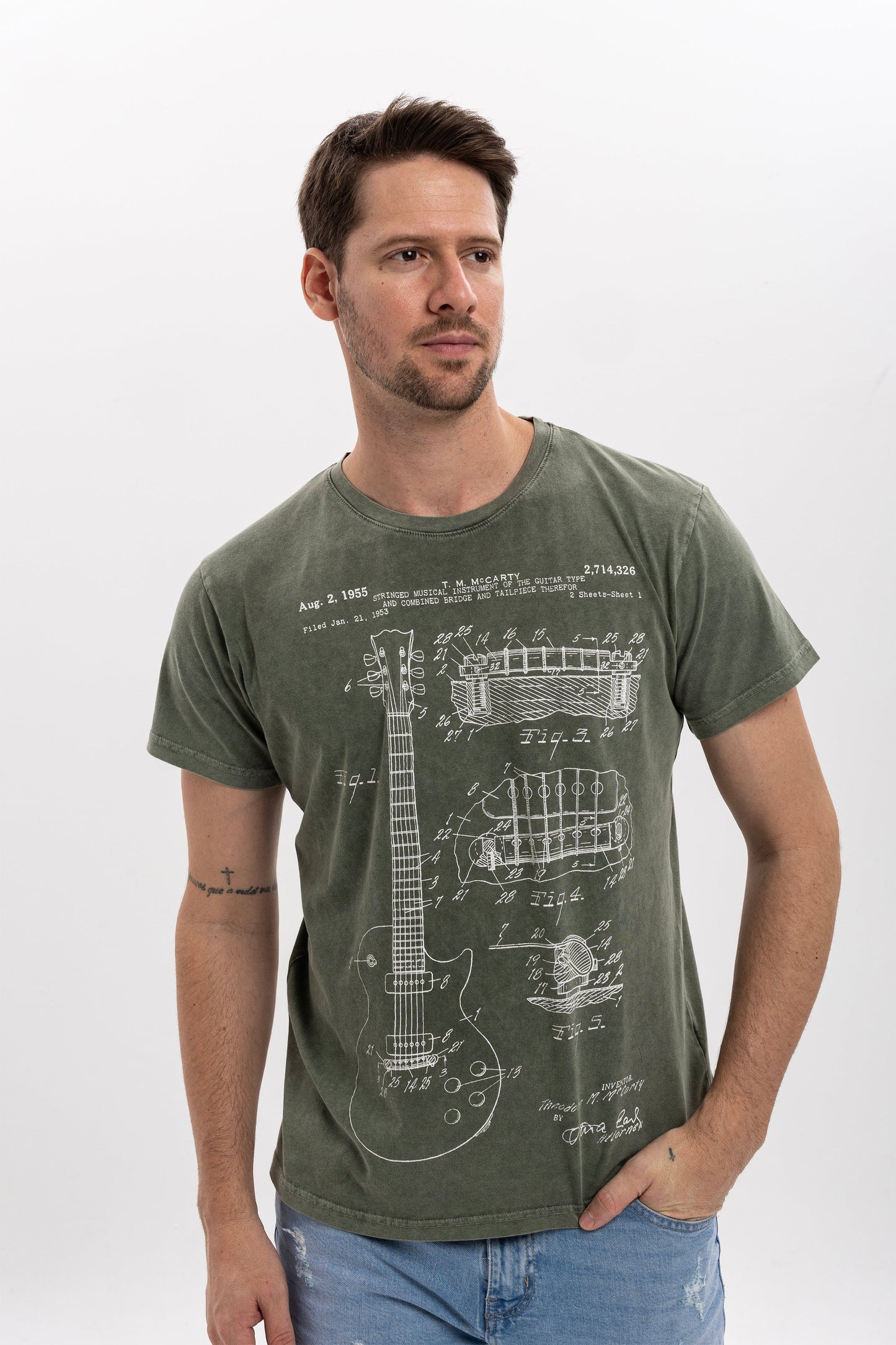 Stone Washed  Guitar Mc 1995 Patent Printed Cotton T-Shirt