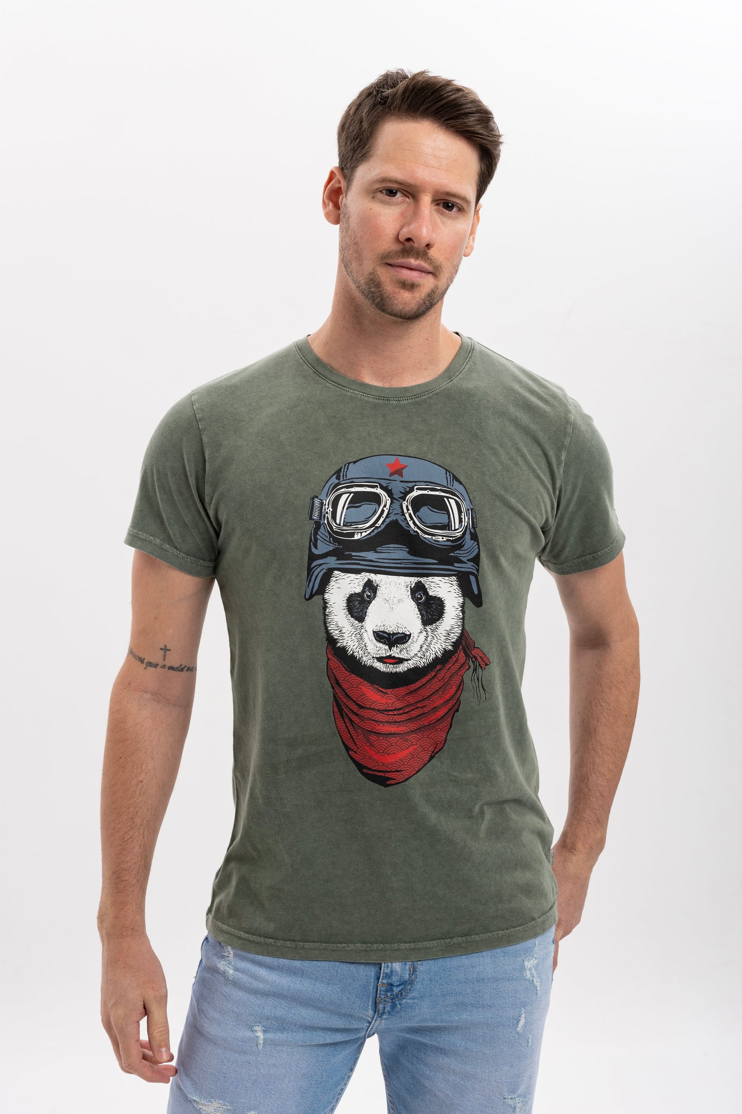 Stone Washed  Panda Pilot Animal Printed Cotton T-shirt