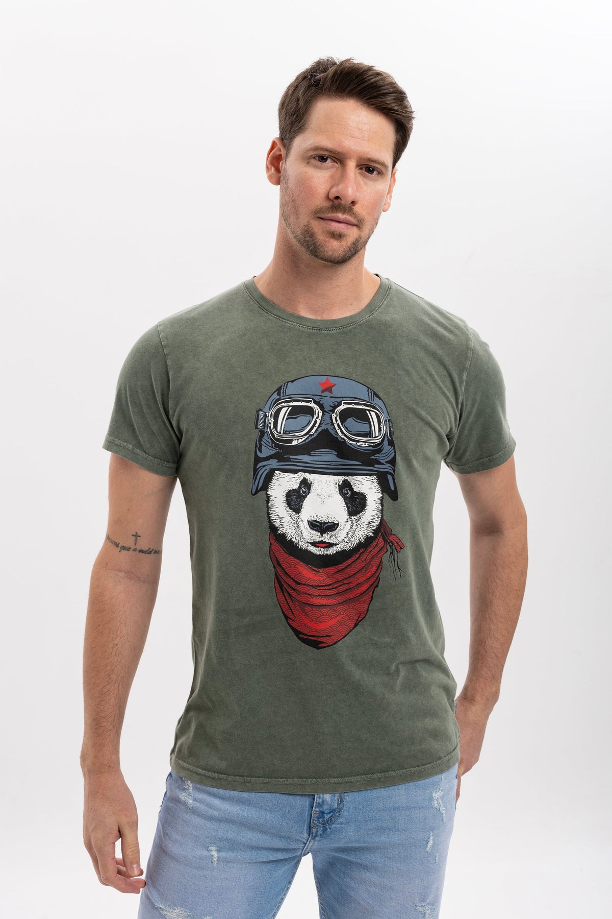 Stone Washed  Panda Pilot Animal Printed Cotton T-shirt