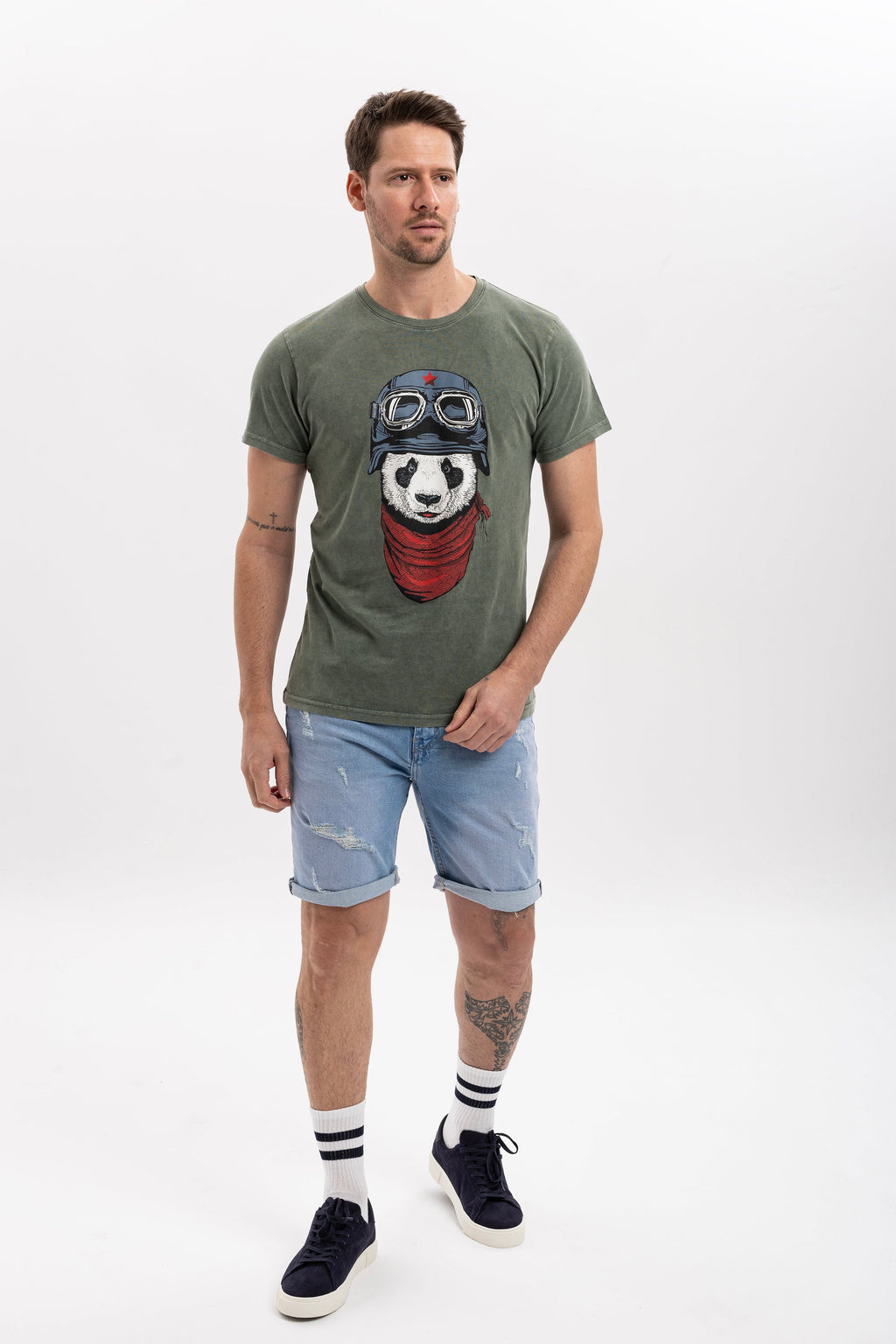 Stone Washed  Panda Pilot Animal Printed Cotton T-shirt