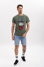 Stone Washed  Panda Pilot Animal Printed Cotton T-shirt