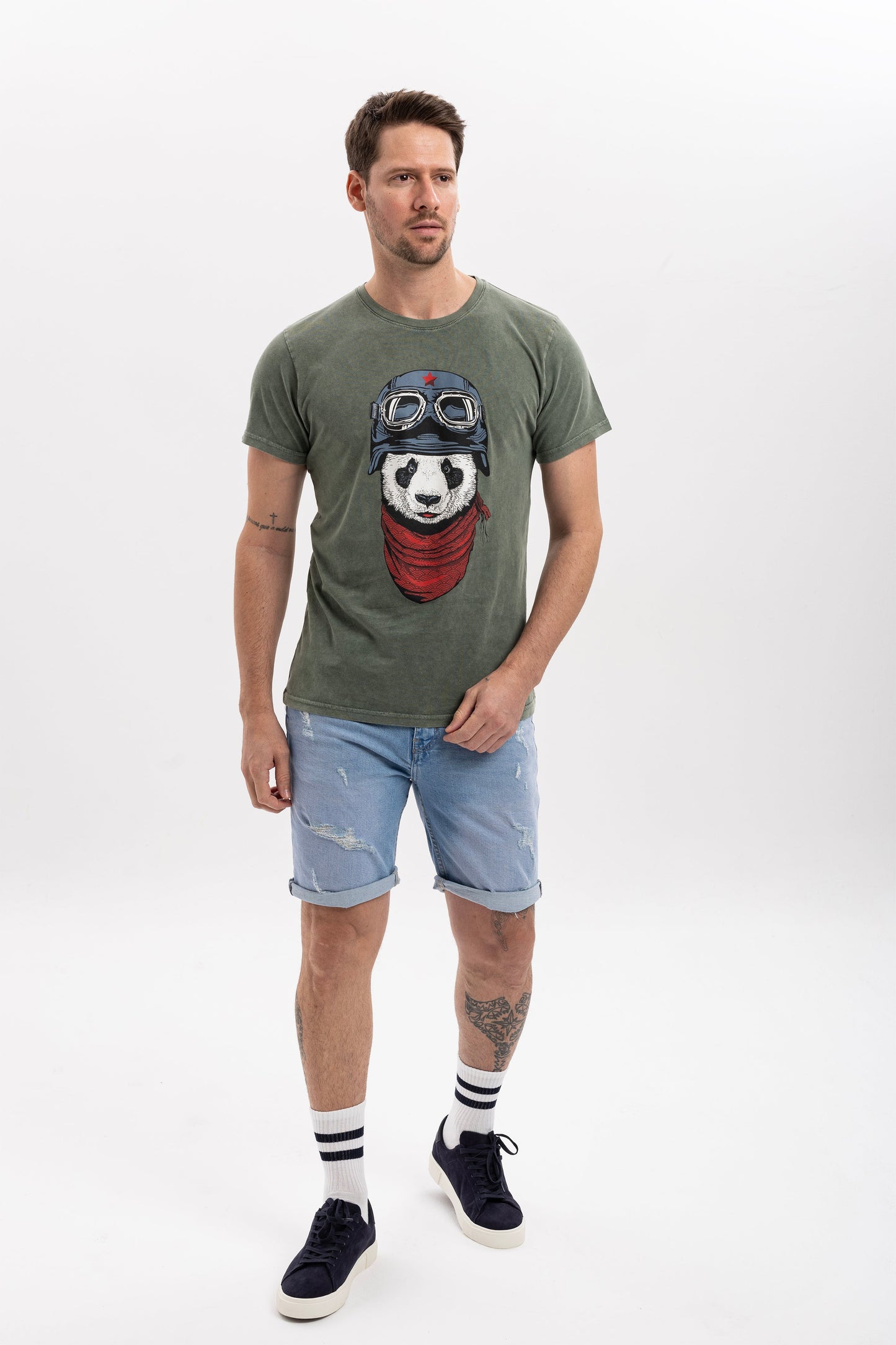 Stone Washed  Panda Pilot Animal Printed Cotton T-shirt