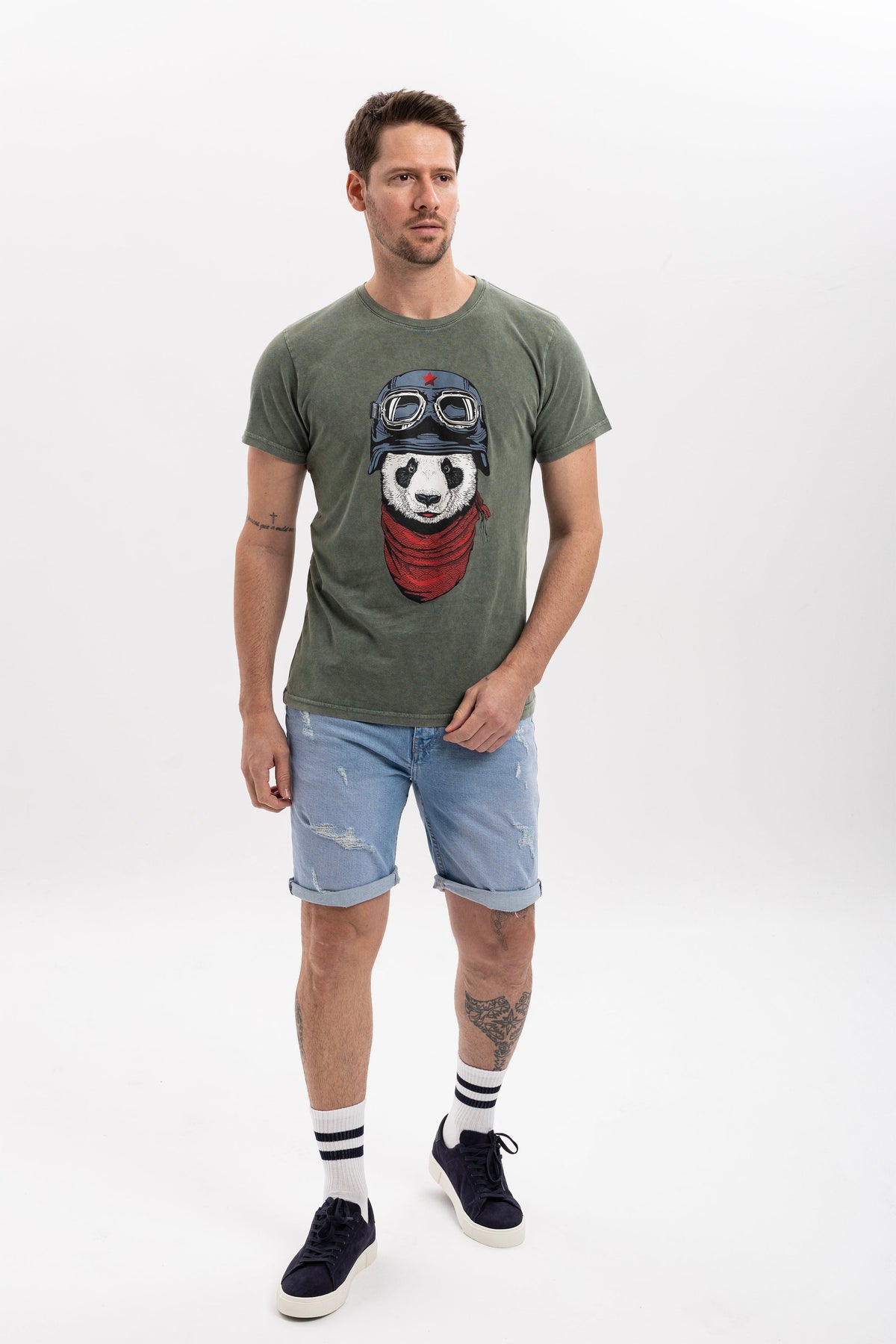 Stone Washed  Panda Pilot Animal Printed Cotton T-shirt