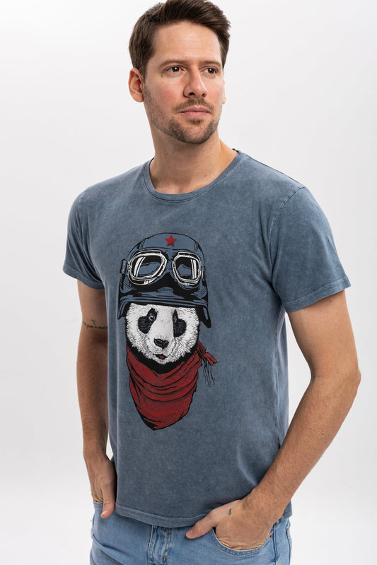 Stone Washed  Panda Pilot Animal Printed Cotton T-shirt