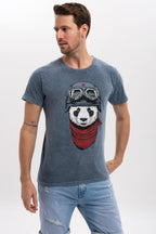 Stone Washed  Panda Pilot Animal Printed Cotton T-shirt