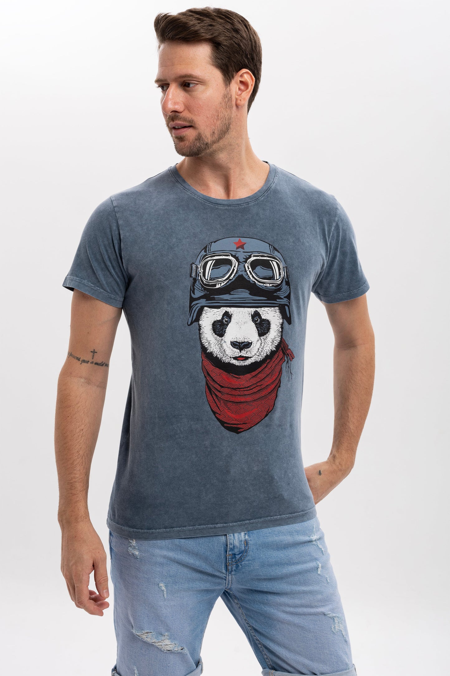 Stone Washed  Panda Pilot Animal Printed Cotton T-shirt