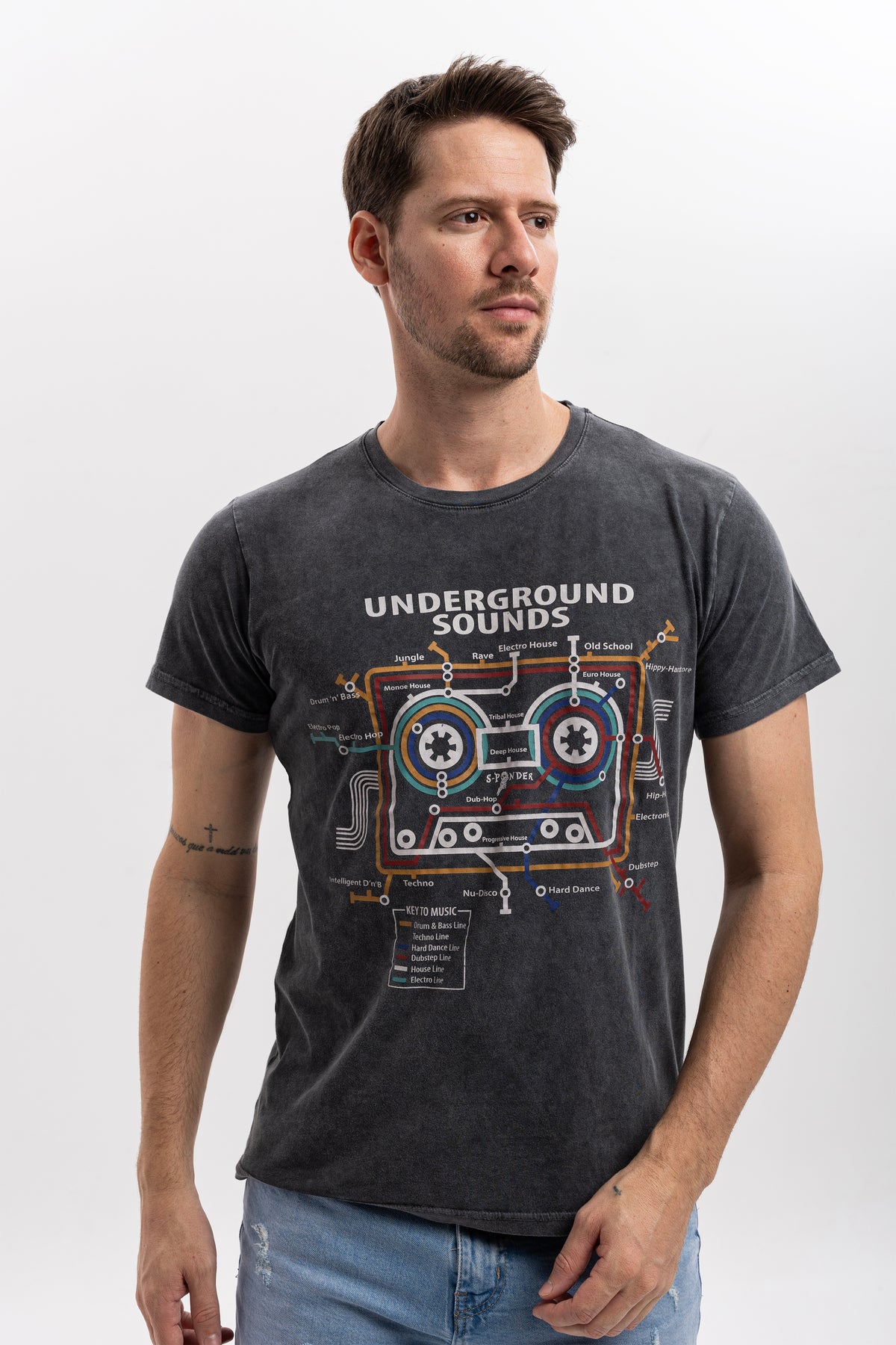 Acid Washed  Underground Sound Printed  Cotton   T-Shirt
