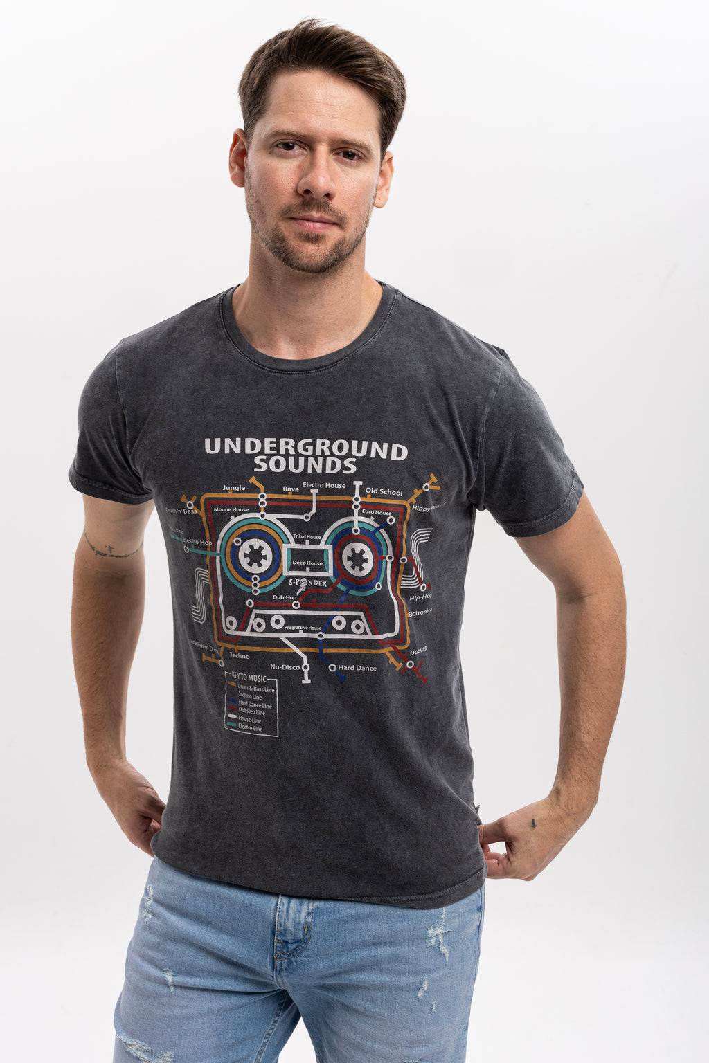 Acid Washed  Underground Sound Printed  Cotton   T-Shirt