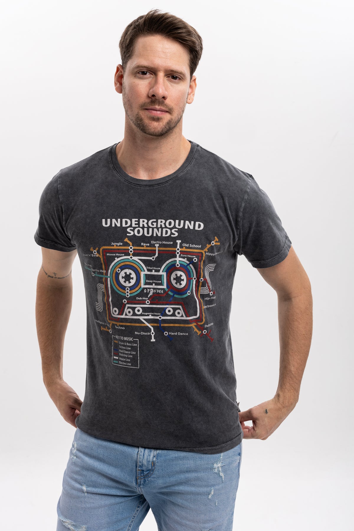 Acid Washed  Underground Sound Printed  Cotton   T-Shirt