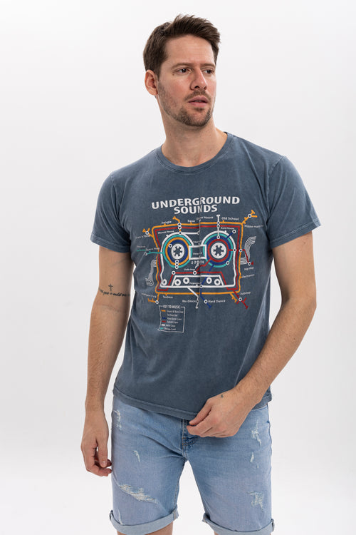 Acid Washed  Underground Sound Printed  Cotton   T-Shirt