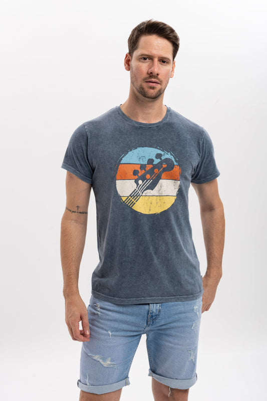 Stone Washed  Rainbow Guitar  Printed Men's T-shirts