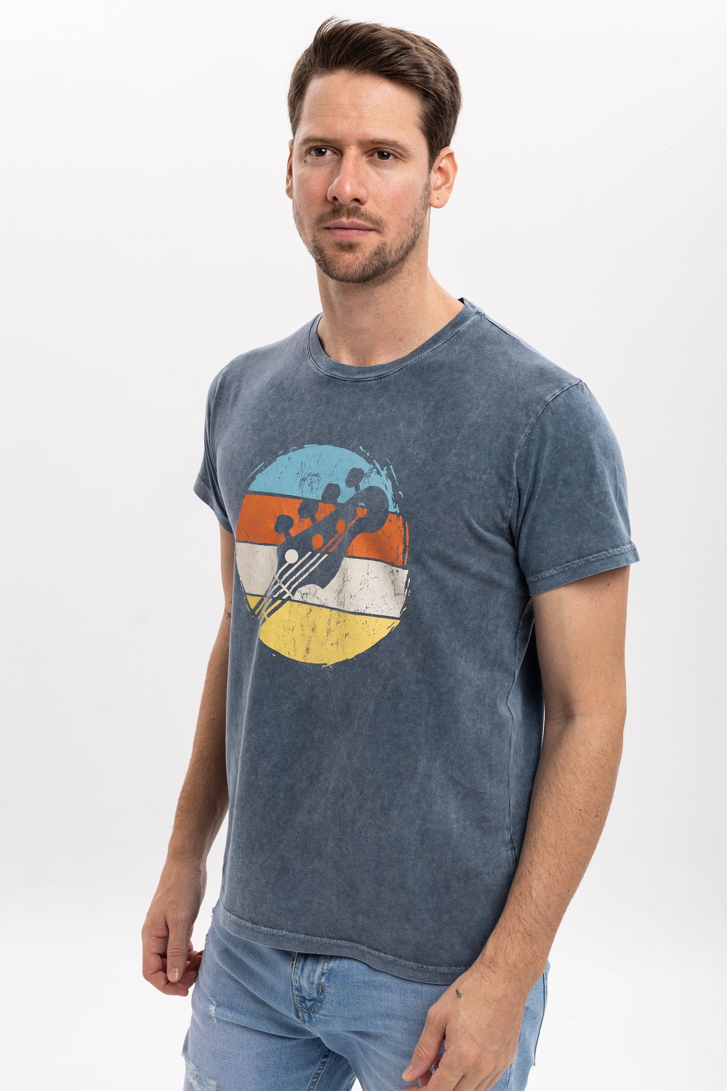 Stone Washed  Rainbow Guitar  Printed Men's T-shirts