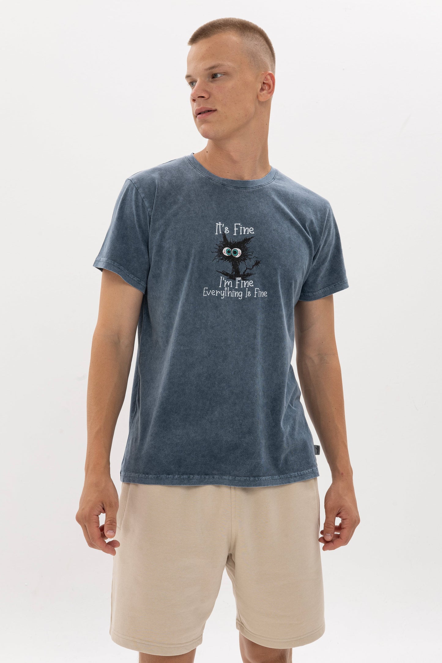 Stone Washed "I am Fine Everything Is Fine"  Printed Cotton T-shirt