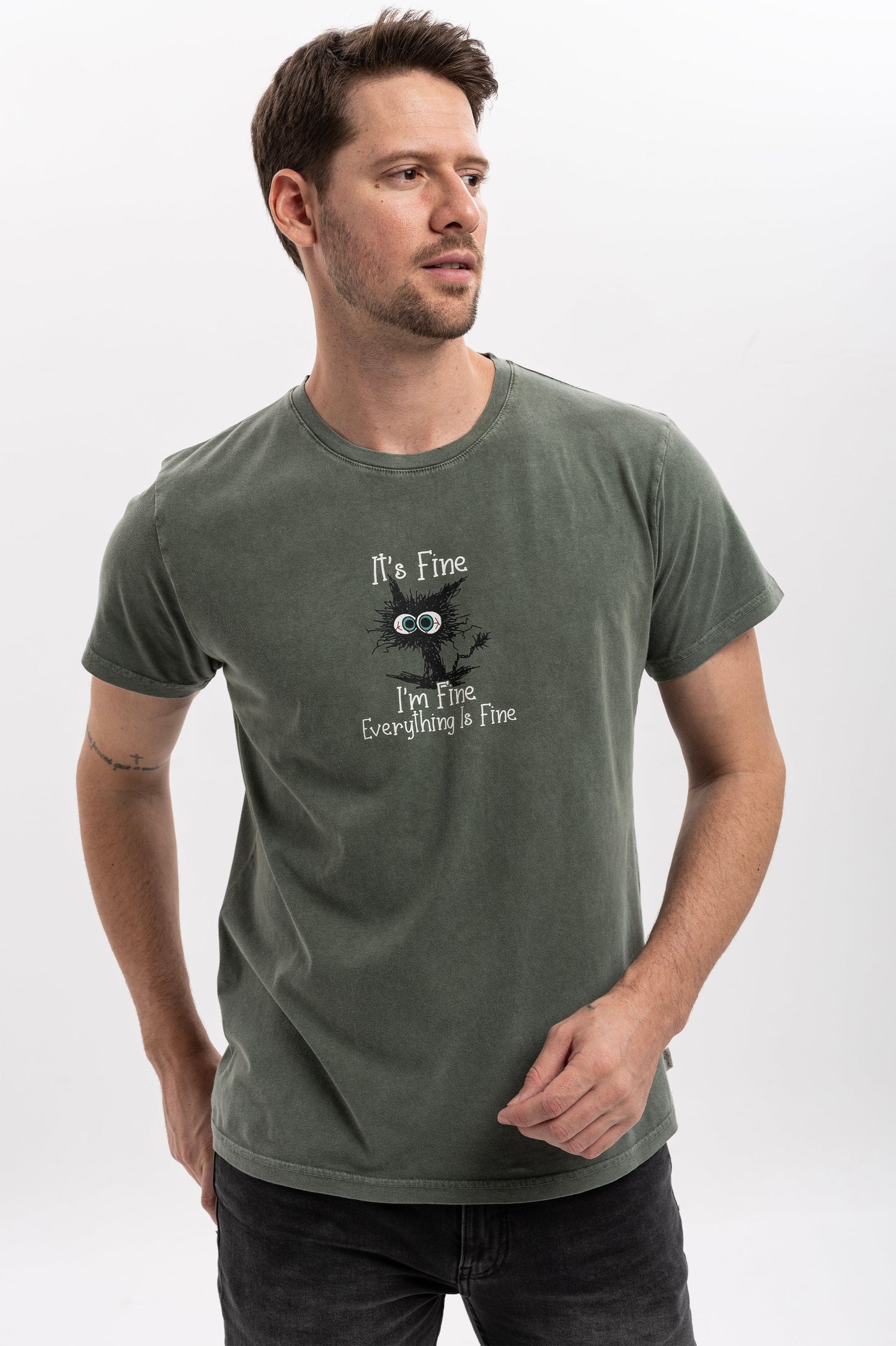 Stone Washed "I am Fine Everything Is Fine"  Printed Cotton T-shirt