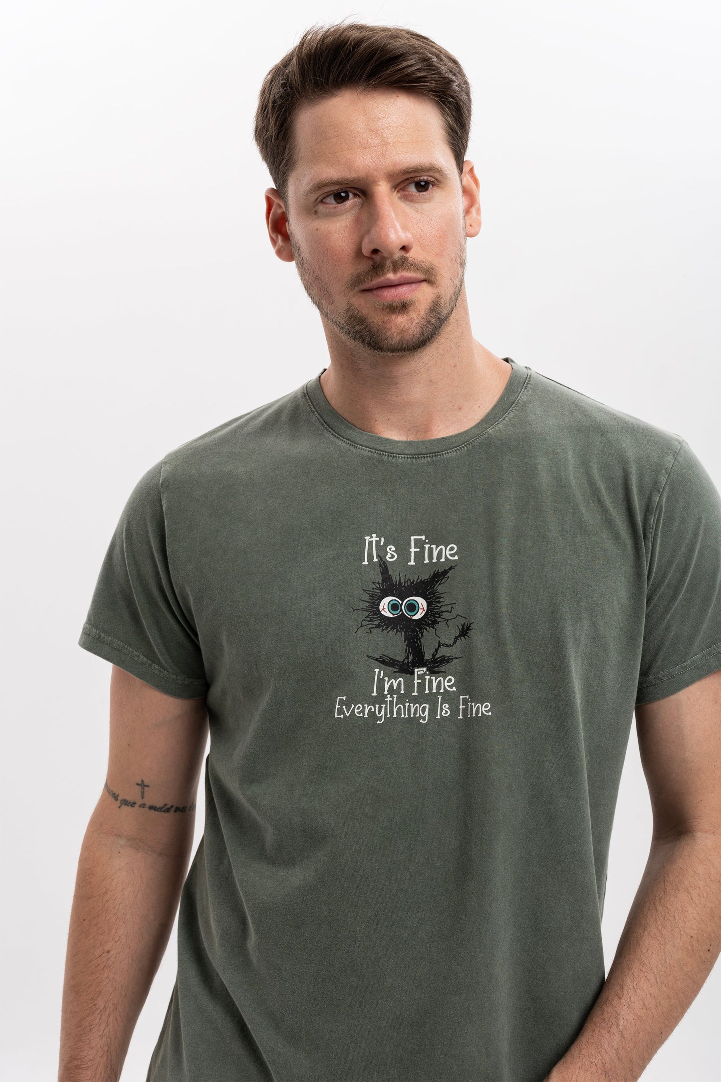 Stone Washed "I am Fine Everything Is Fine"  Printed Cotton T-shirt