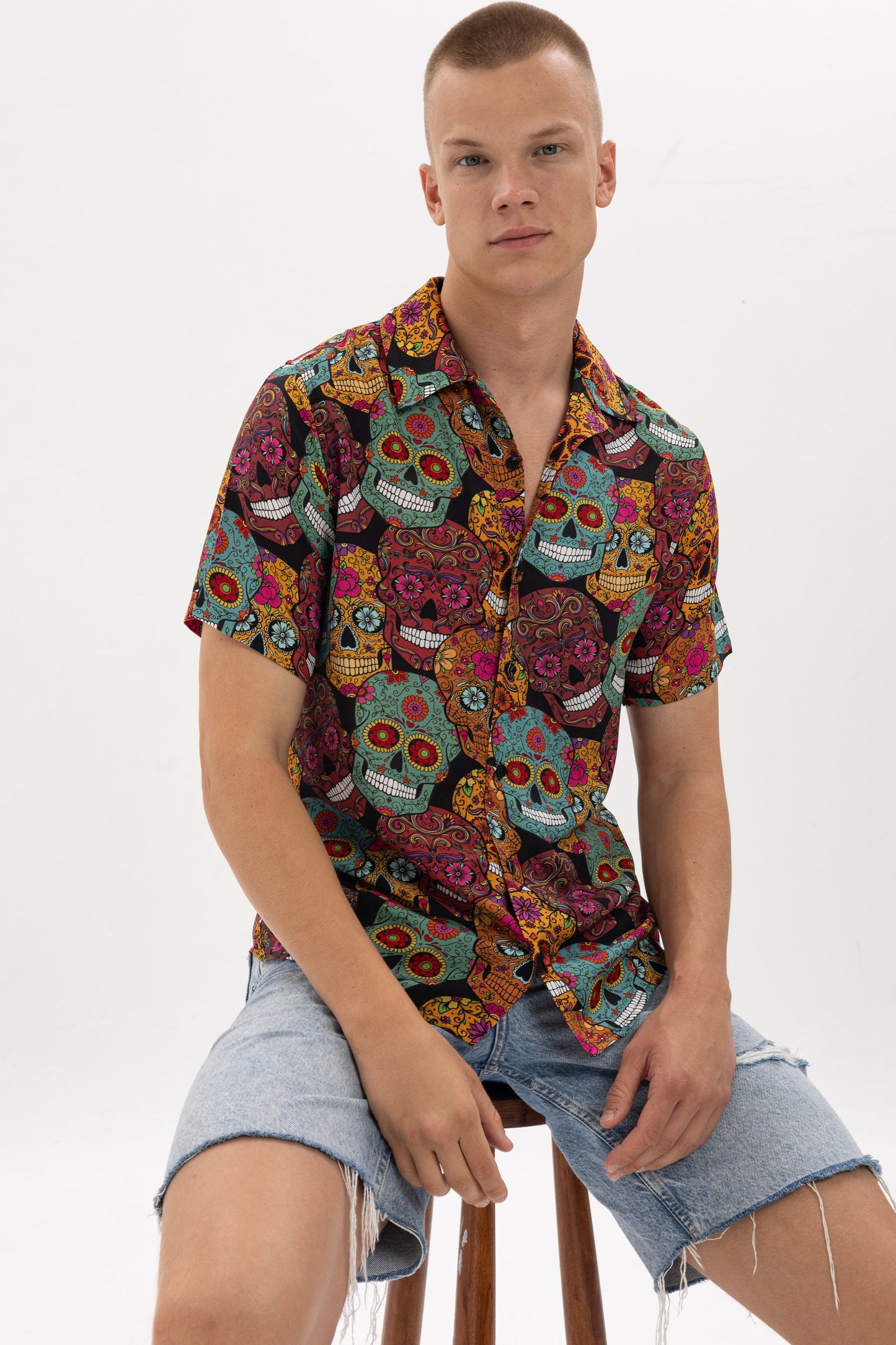 Multicolor Many Mexian Skull Print Regular Men's Shirt