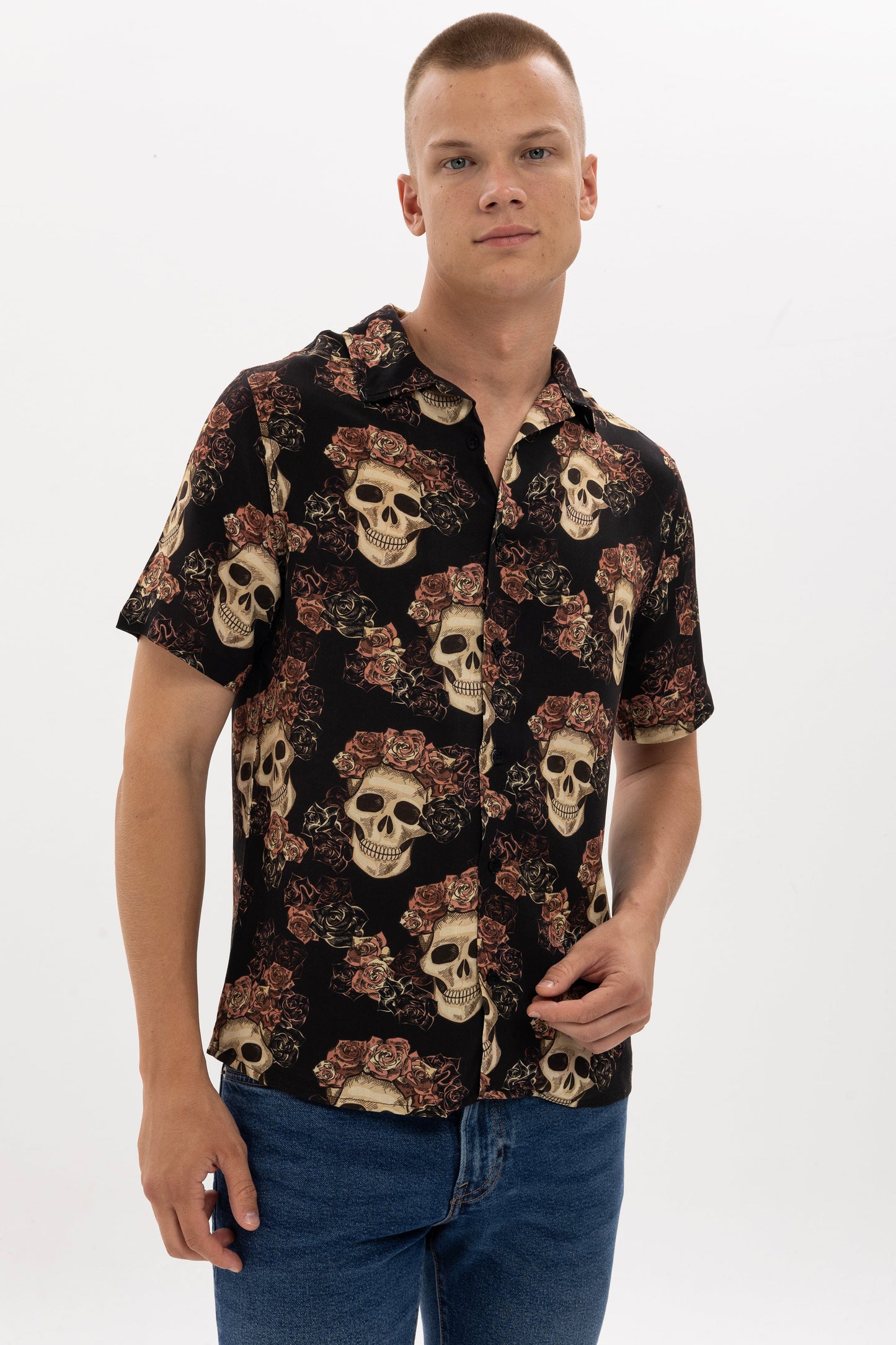 VINTAGE SKULL MEN'S SHORT SLEEVE BLACK& BROWN SHIRT