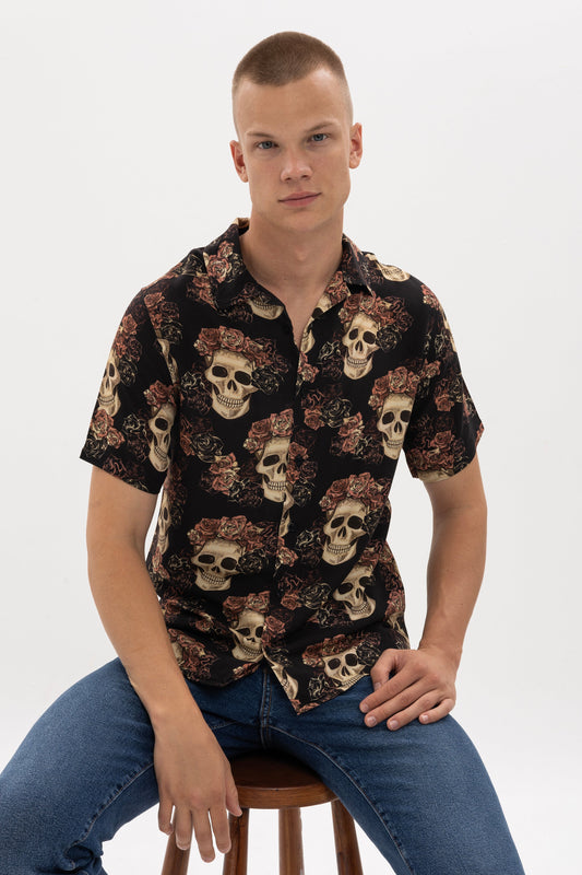 VINTAGE SKULL MEN'S SHORT SLEEVE BLACK& BROWN SHIRT
