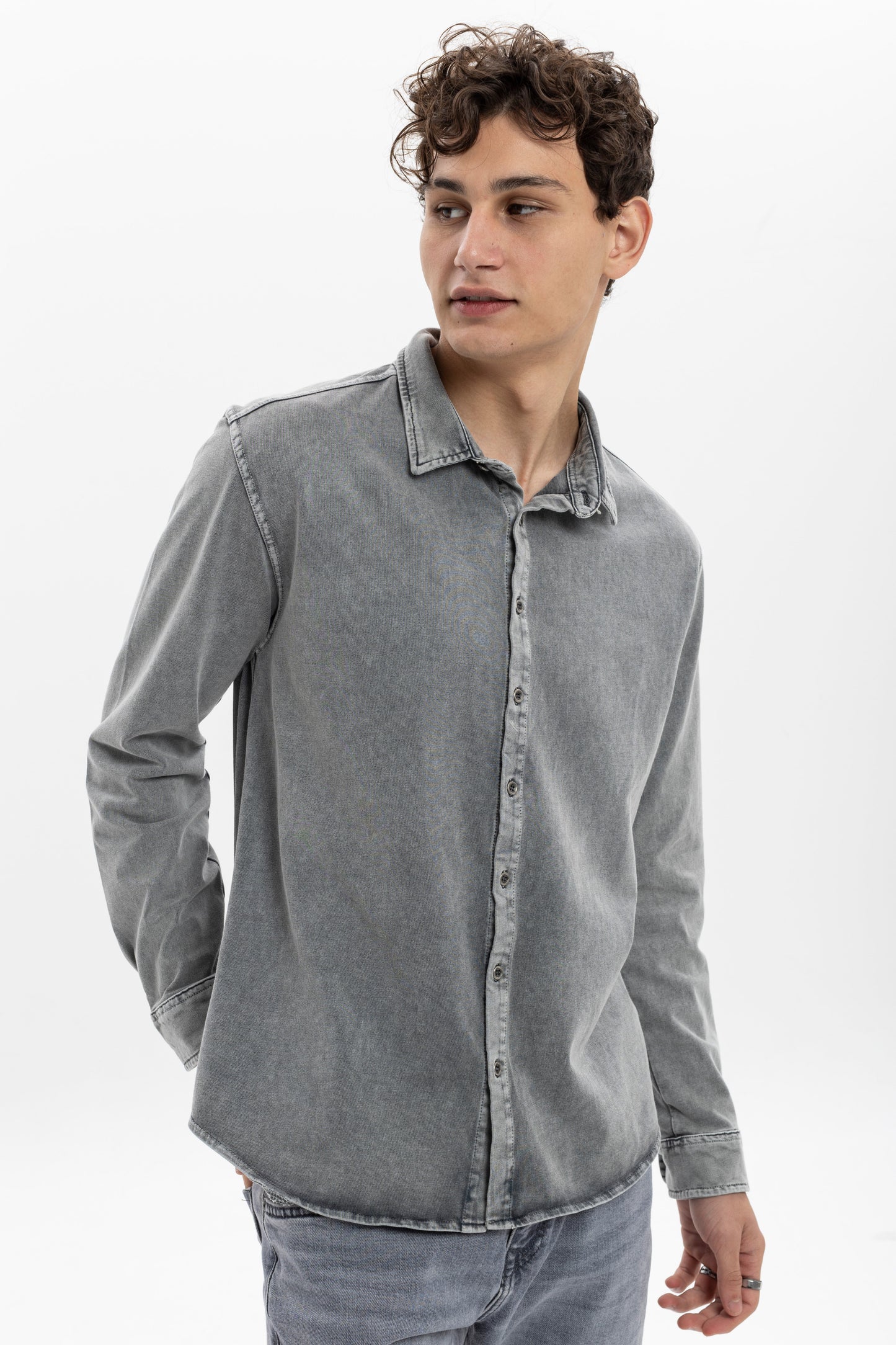 Stone Washed  Plain Long Sleeve Men's Shirt