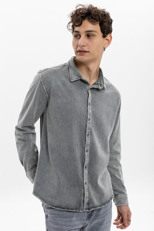 Stone Washed  Plain Long Sleeve Men's Shirt