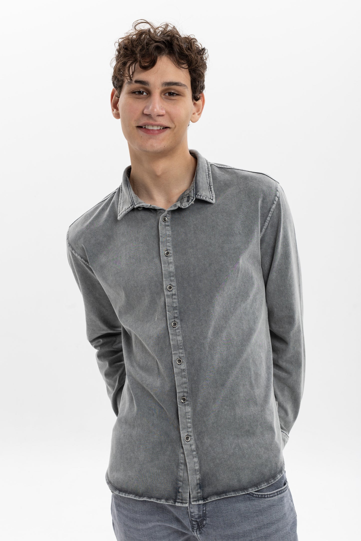 Stone Washed  Plain Long Sleeve Men's Shirt