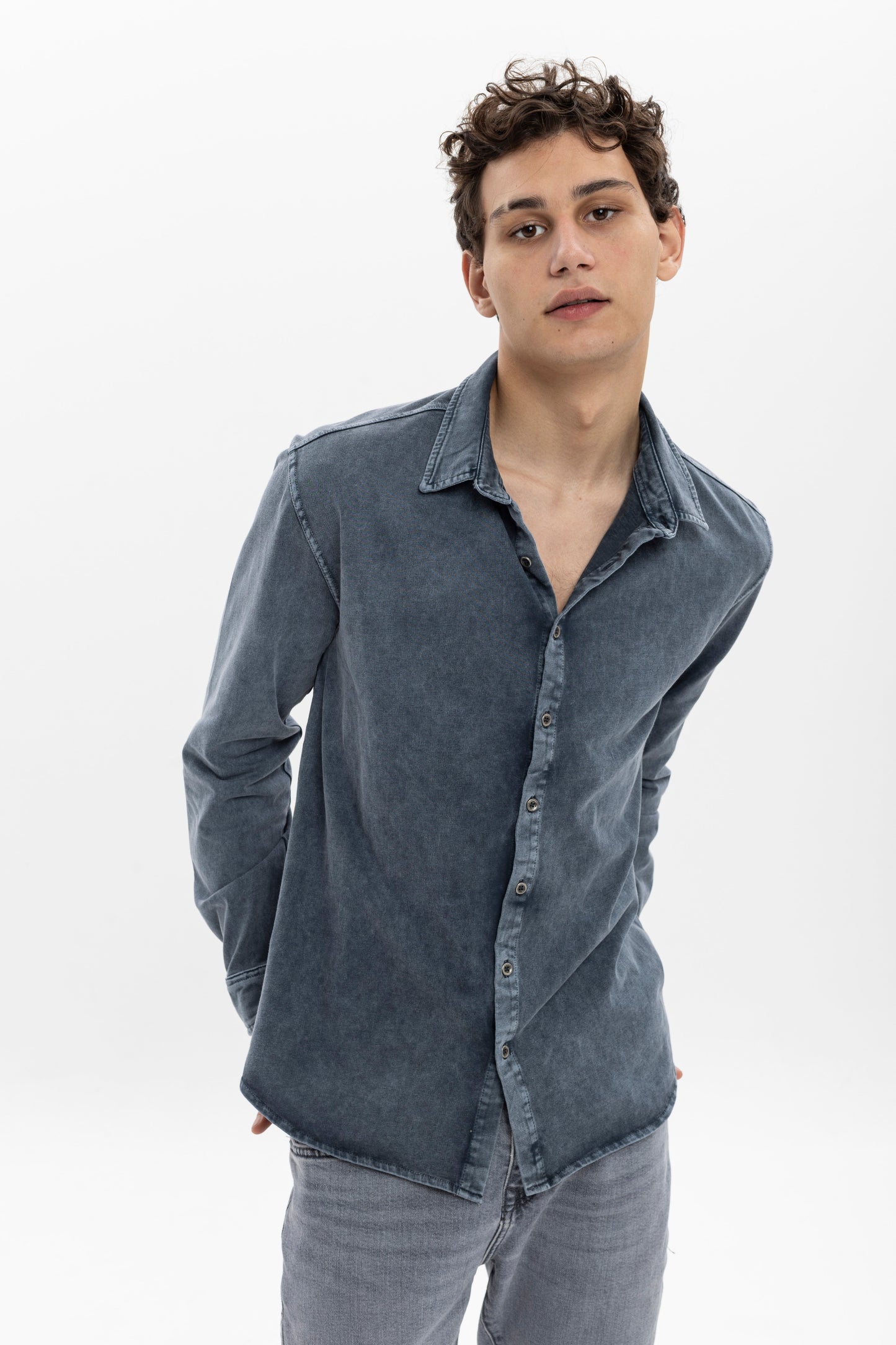 Stone Washed  Plain Long Sleeve Men's Shirt