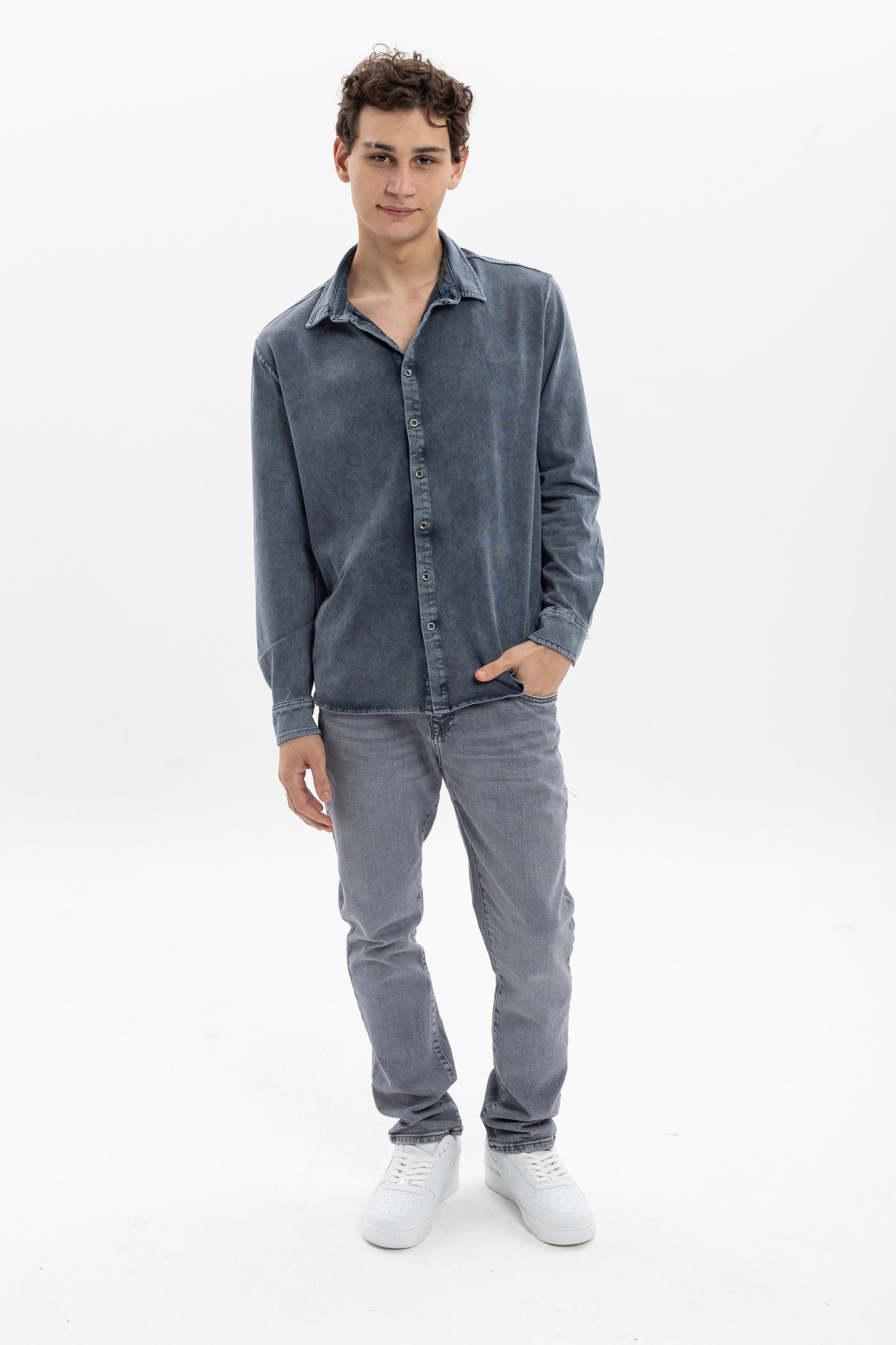 Stone Washed  Plain Long Sleeve Men's Shirt