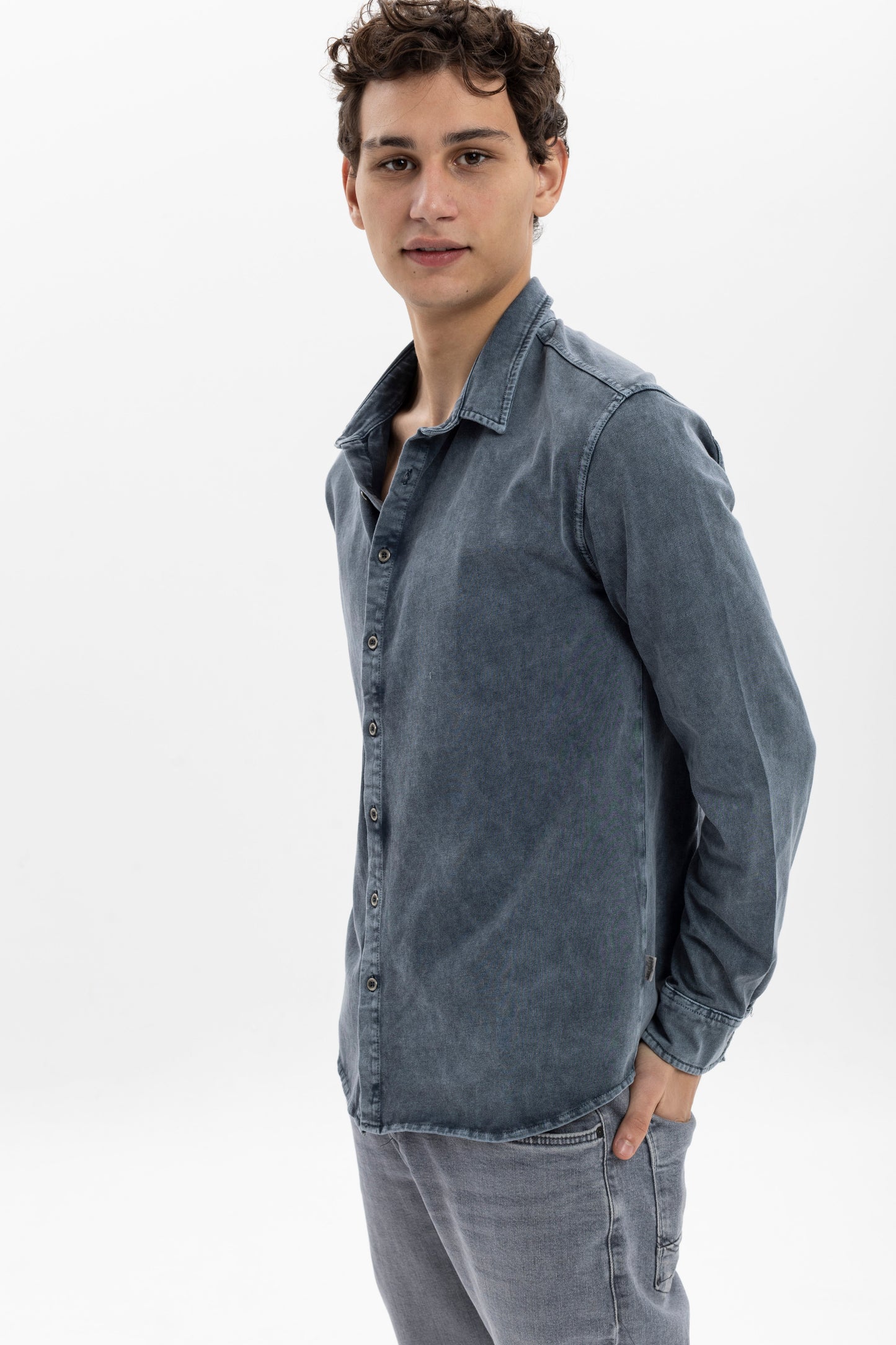 Stone Washed  Plain Long Sleeve Men's Shirt