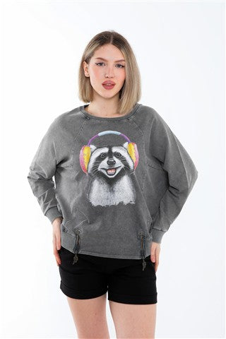 Ballon Cut Zip Front RACCON HEADPHONES  Print Women Sweatshirt