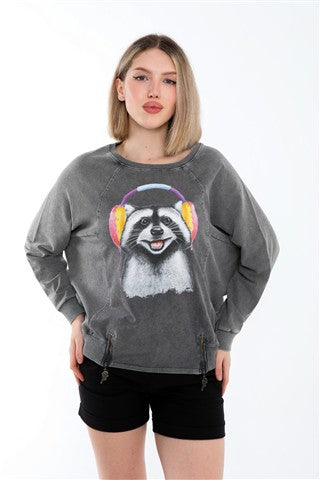 Ballon Cut Zip Front RACCON HEADPHONES  Print Women Sweatshirt