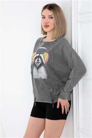 Ballon Cut Zip Front RACCON HEADPHONES  Print Women Sweatshirt