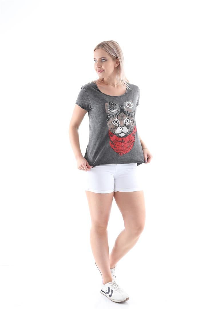 Stone Washed Google Cat Animal Printed Cotton Women Scoop Neck T-shirt