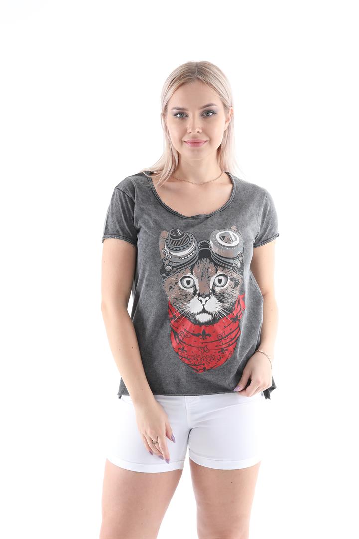 Stone Washed Google Cat Animal Printed Cotton Women Scoop Neck T-shirt