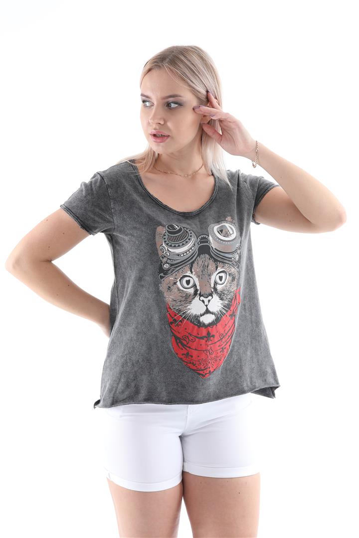 Stone Washed Google Cat Animal Printed Cotton Women Scoop Neck T-shirt