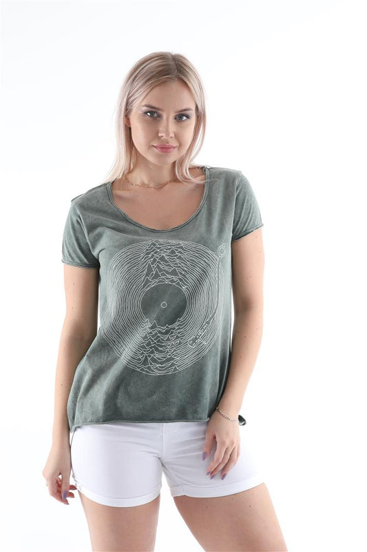 Stone Washed  Record Vinyl Jy Dvsn Printed Cotton Women Scoop Neck T-shirt