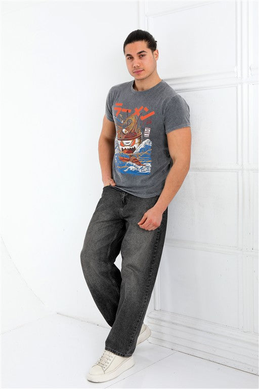 Stone Washed Effect GREAT RAMEN   Printed Cotton  T-shirt