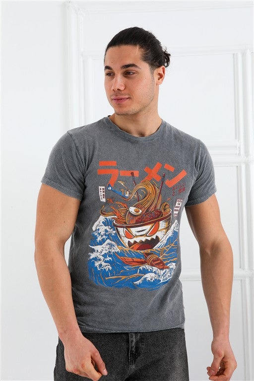 Stone Washed Effect GREAT RAMEN   Printed Cotton  T-shirt