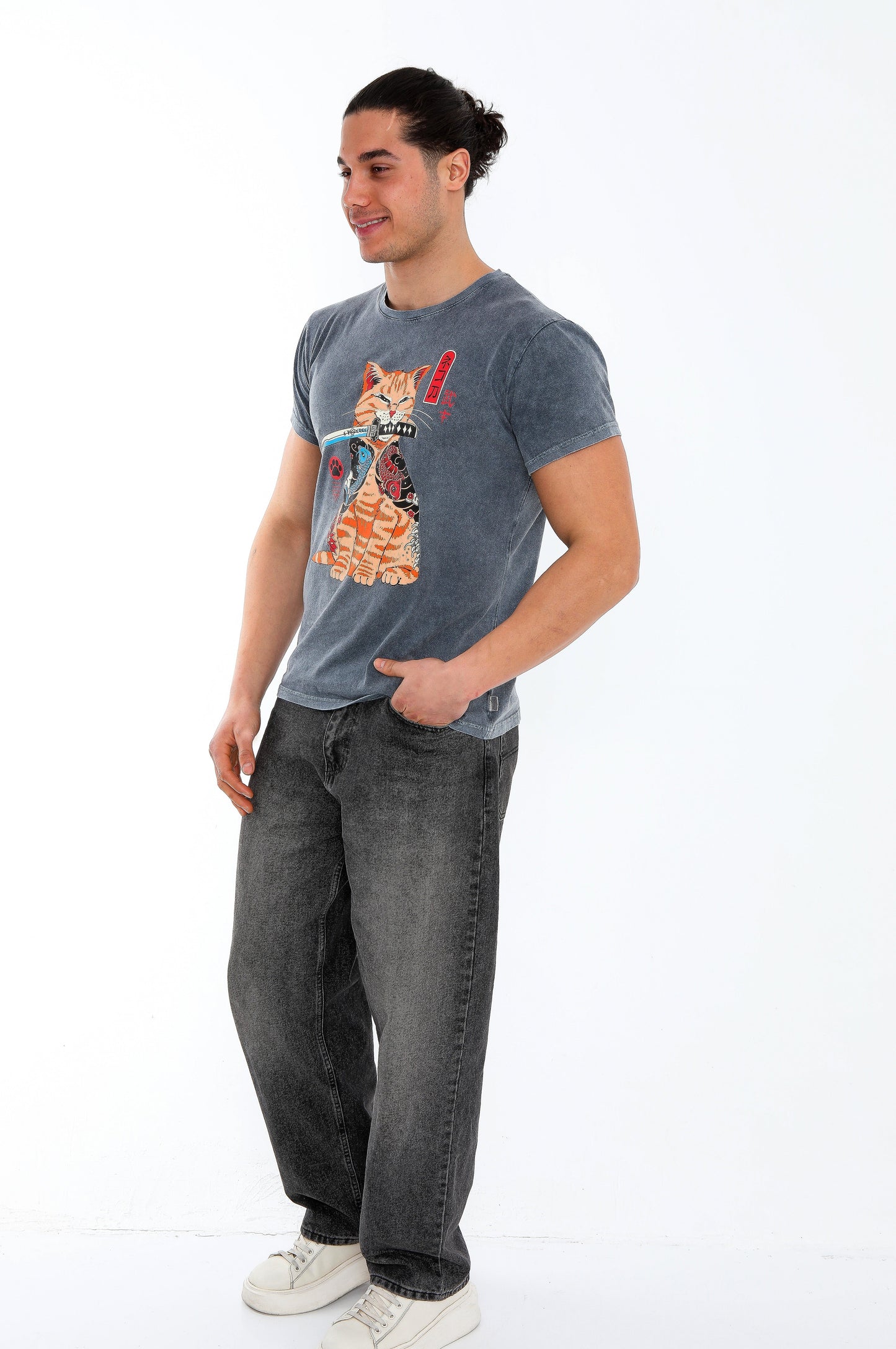 Stone Washed Effect Sword Catana Cat Art  Printed Cotton  T-shirt
